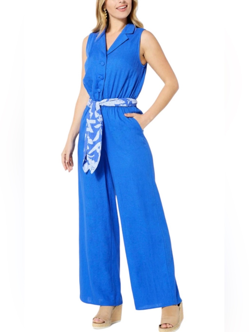 G by GUILIANA | Linen Blend Wide Leg Sleeveless Jumpsuit - SZ L